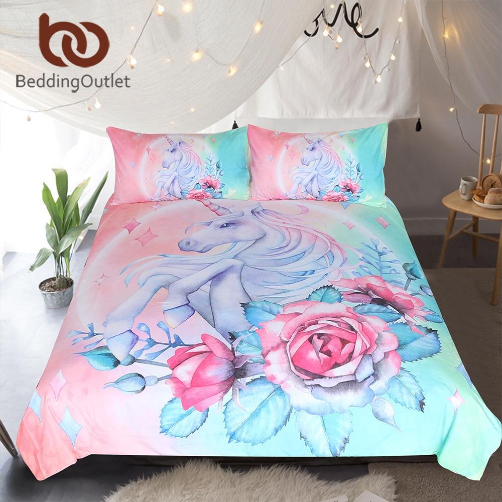 Unicorn and Rose Cartoon for Kids Girlyingle et Pink and Blue Floral Home Textiles3D Customized Duvet Cover Bedding Sets