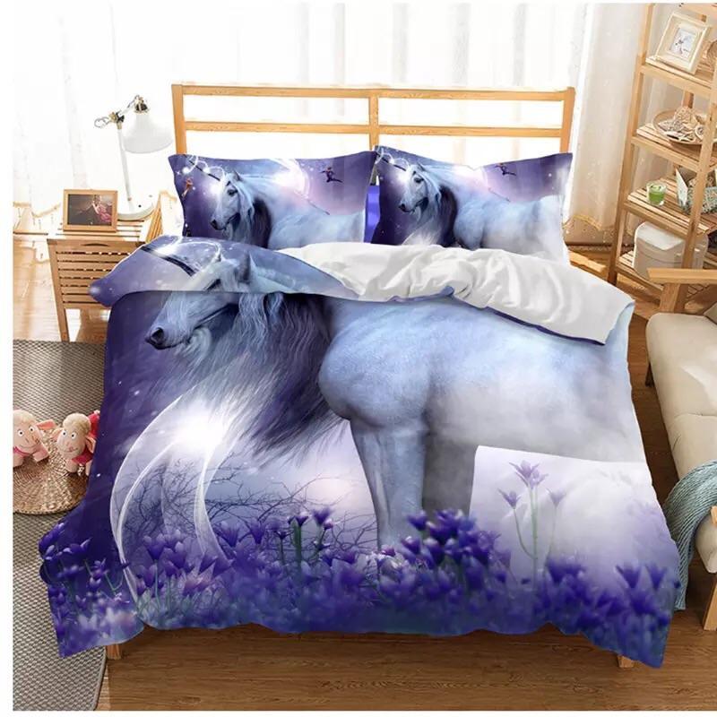 Unicorn with Purple Flowers 3D Customized Duvet Cover Bedding Sets