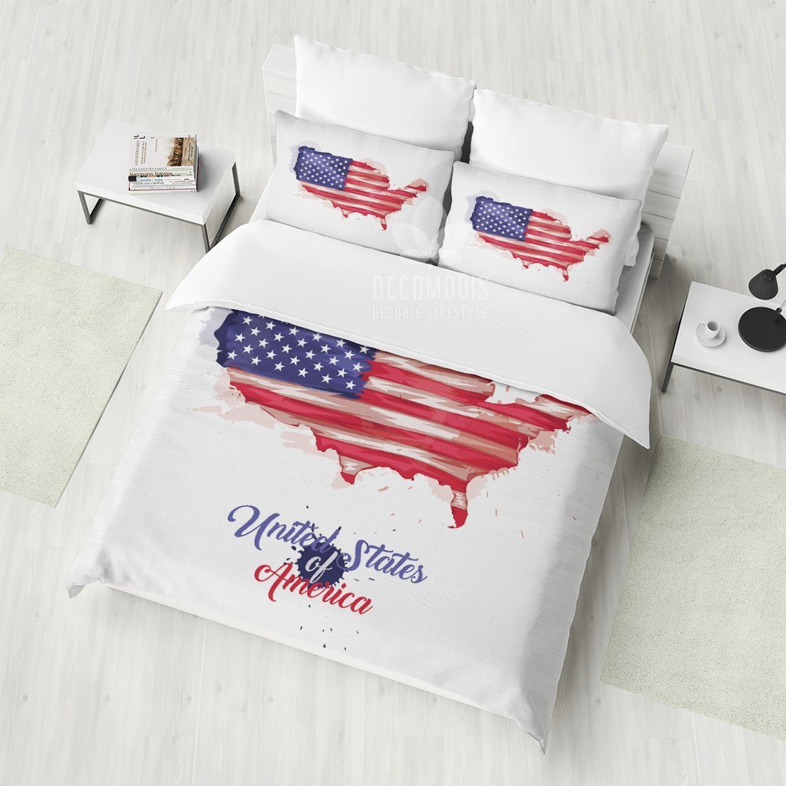 US Map Bedding, Watercolor Map of the United States Duvet Cover Set, US Flag Interior Decor Bedding