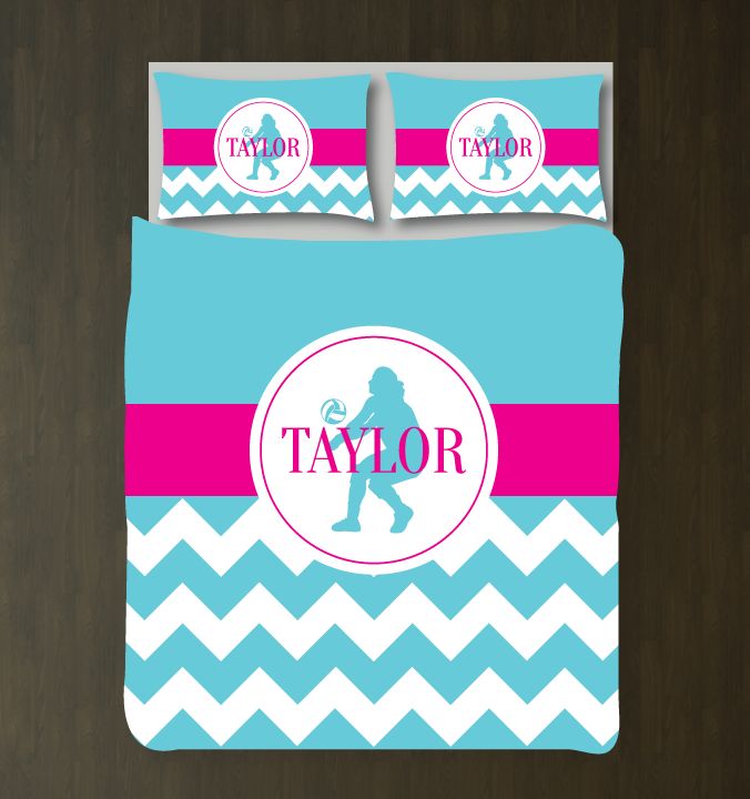 Volleyball Chevron Bedding Set Customized Duvet Cover| Aqua, Hot Pink and White