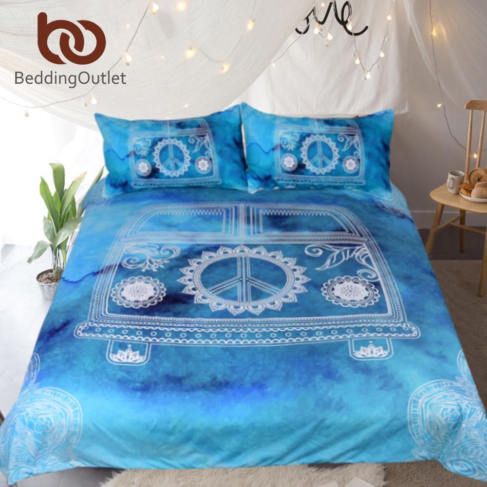 Watercolor Car Mandala Blue et Peace Design Bohemian Hippie Vintage Mini Van Bedclothes3D Customized Duvet Cover Bedding Sets