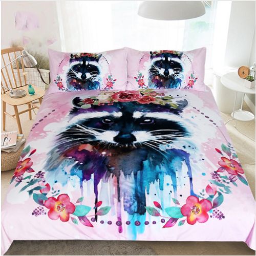 Watercolor Coon With Flowers Duvet Cover Set