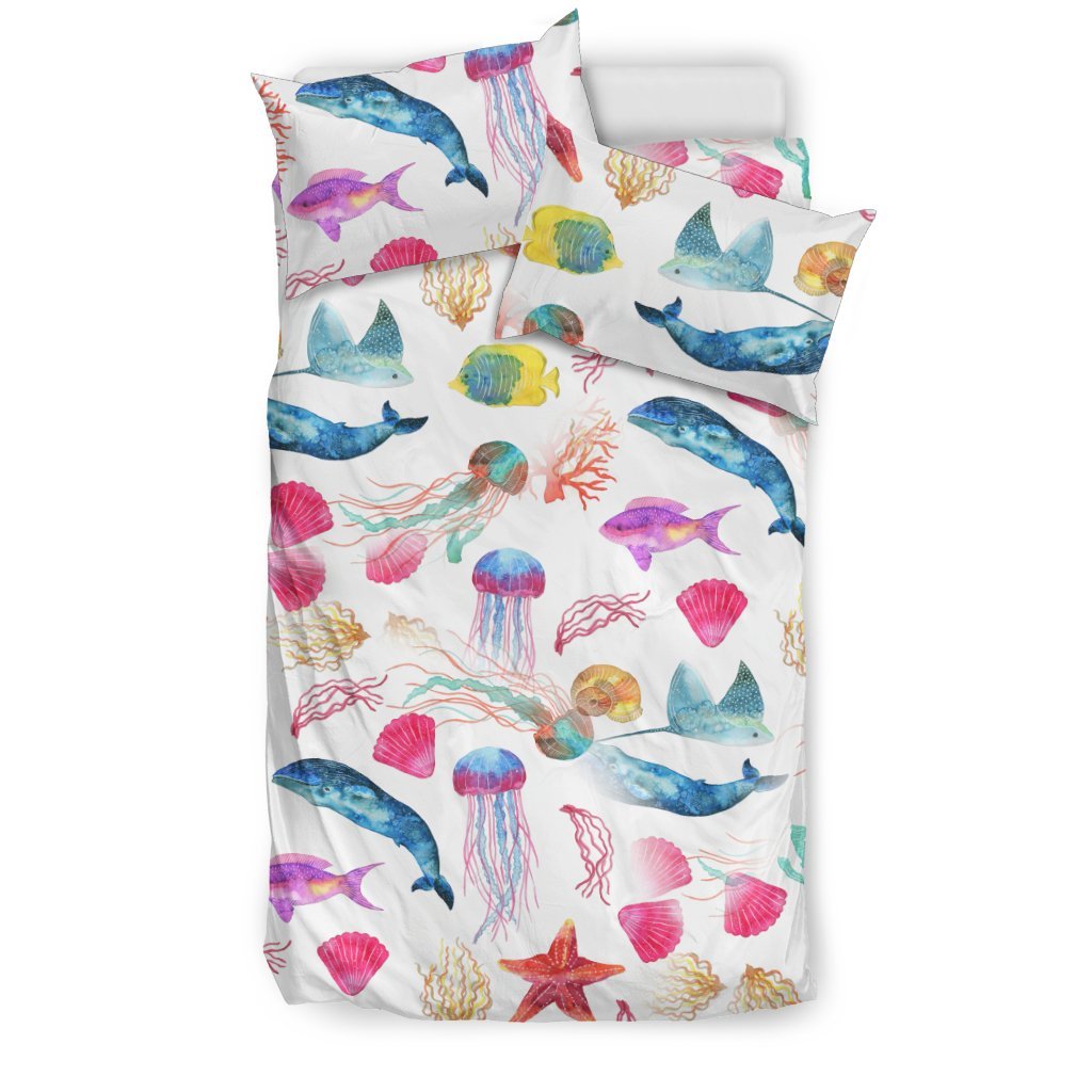 Watercolor Ocean with Whales and Fish 3D Customized Duvet Cover Bedding Sets