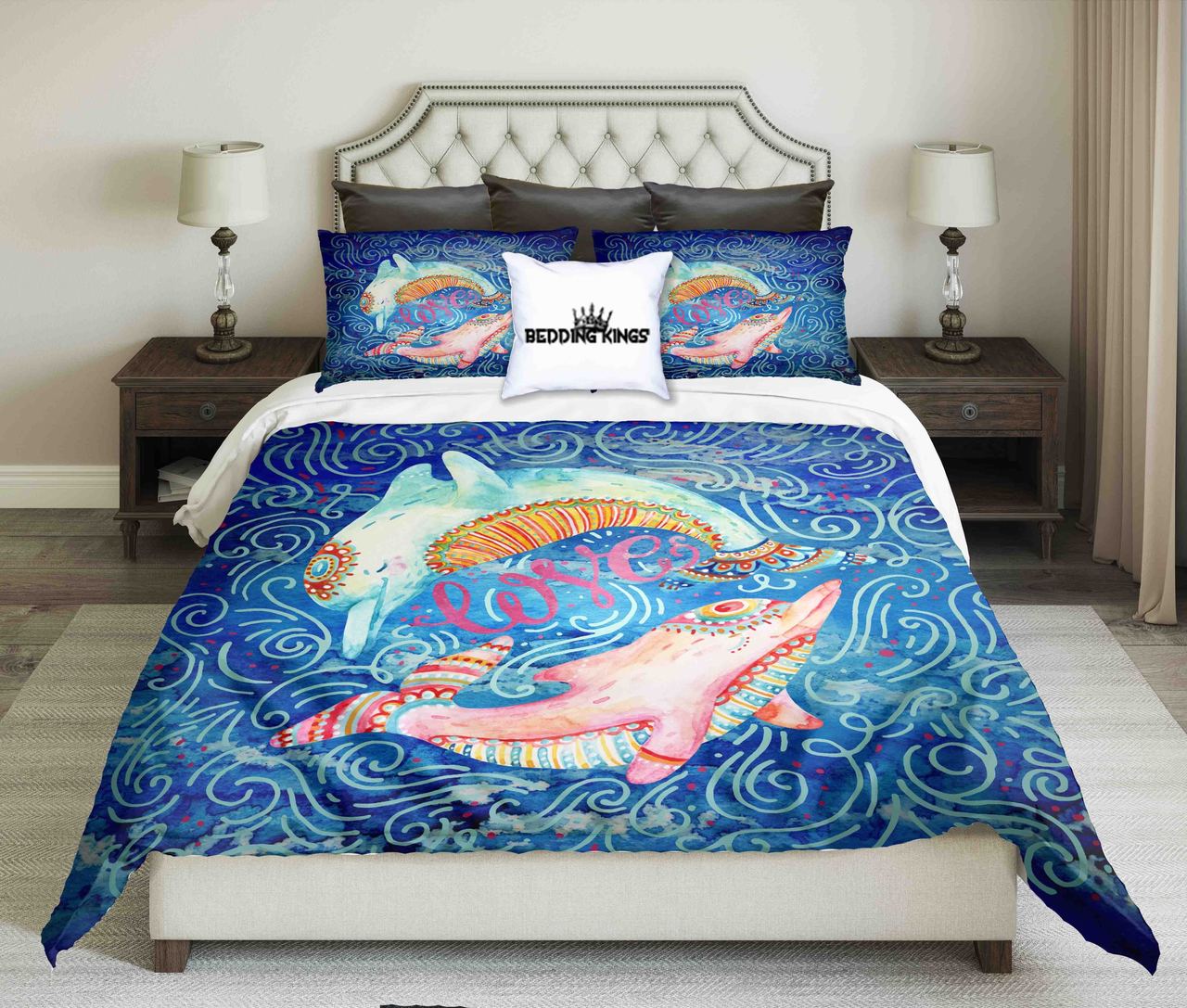 Watercolor Pair Of Lovely Dolphinsurrounded By Doodle Wave Design | kings3D Customized Duvet Cover Bedding Sets