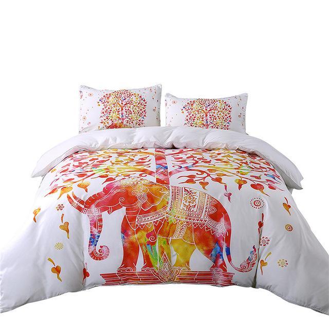 White And Red Boho and Indian Elephant Print Exotic Bedclothes Queenizes Hot3D Customized Duvet Cover Bedding Sets