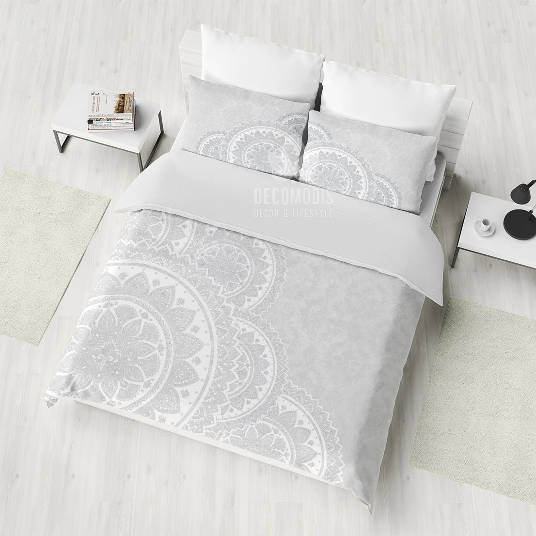 White Mandala Bedding Set, Bohemian Bedspread, White Damask Duvet Cover Decor, Boho Hindu Art Bedding Set