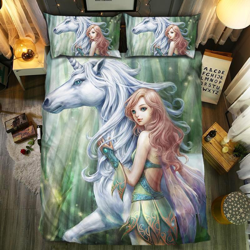 White Unicorn And Gril3D Customized Duvet Cover Bedding Sets