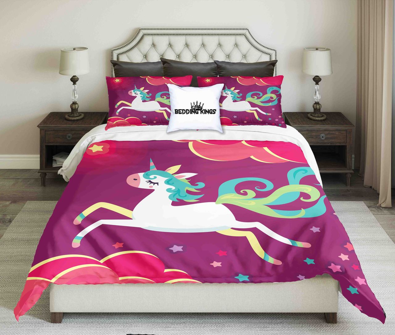 White Unicorn On Purple Background Design | kings3D Customized Duvet Cover Bedding Sets