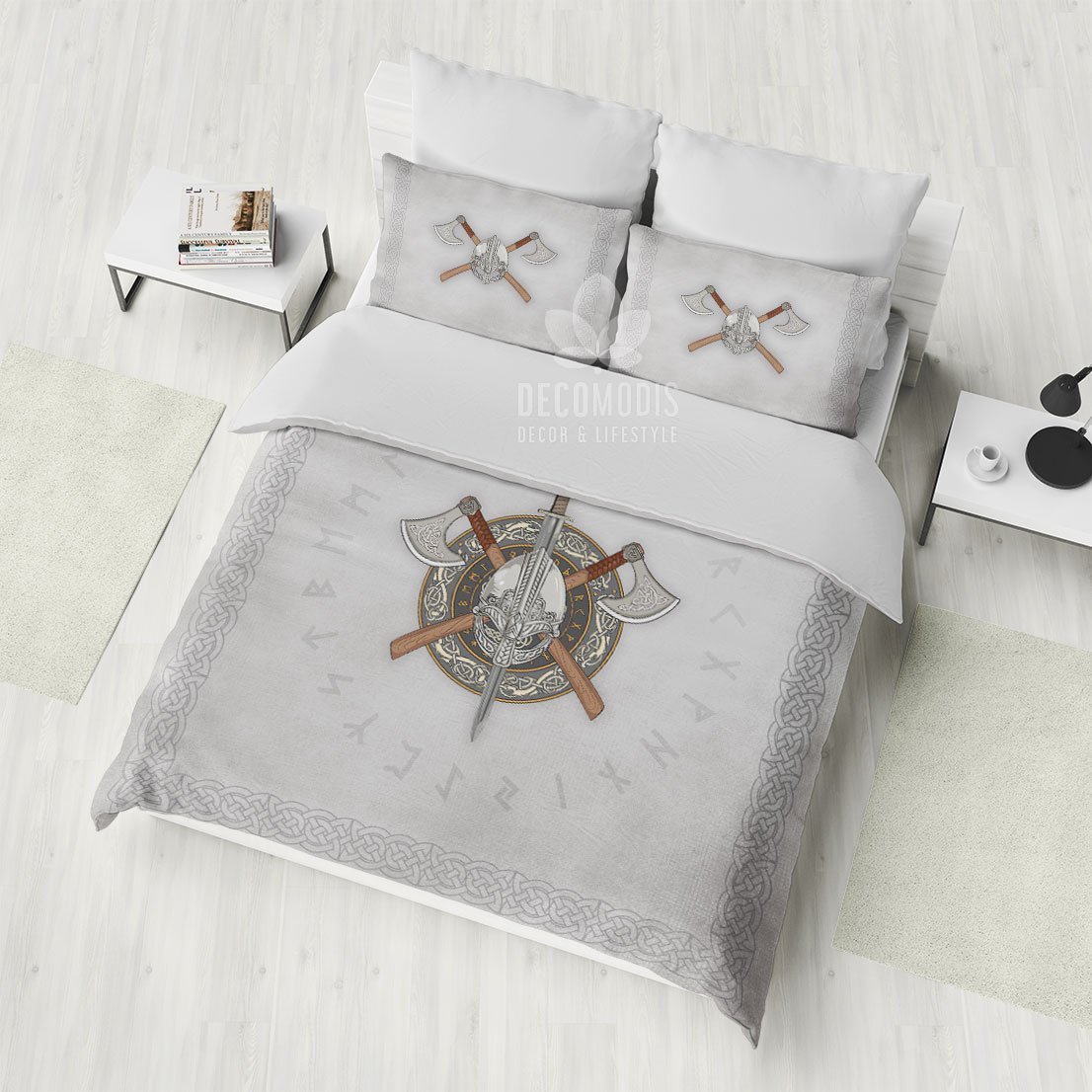 White Viking Bedding, Celtic Warrior Duvet Cover Set, Medieval Style Bedspread Bedding Set, Axe & Sword Bedding