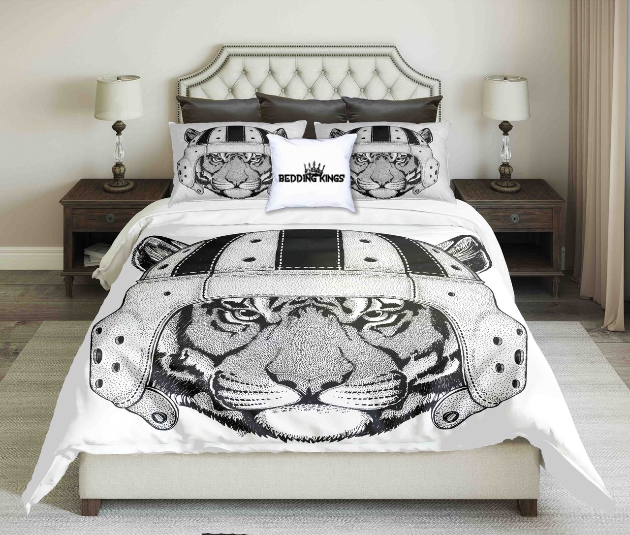 Wild Tiger Wearing Rugby Helmet Black White Design | kings3D Customized Duvet Cover Bedding Sets