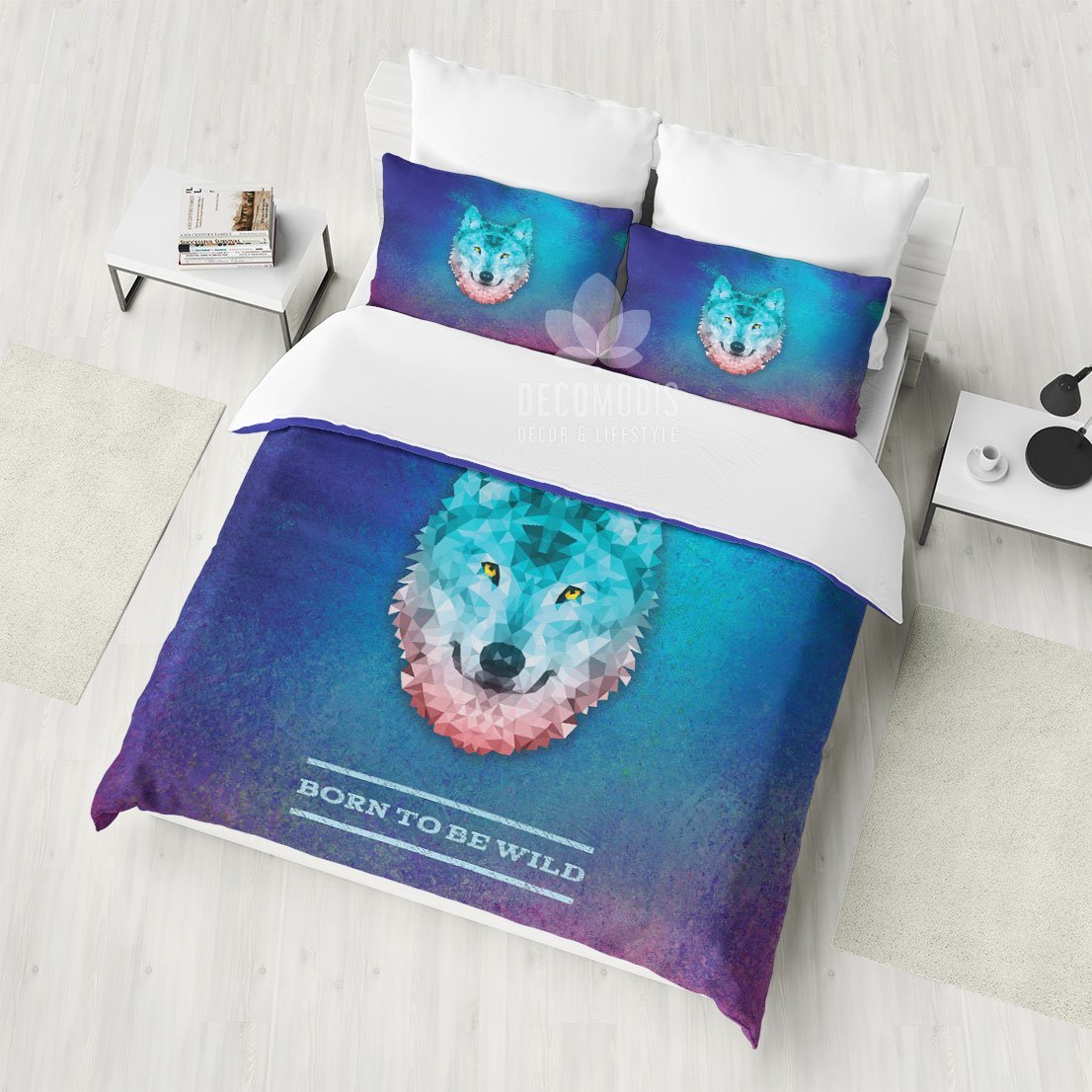 Wolf Bedding, Born to be Wild Duvet Cover Set, Colorful Animal Bedroom Decor, Polygonal Art Bedding