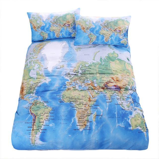 World Map Vivid Printed Blue Bed with Pillow Coversoft Cozy Home Textiles AUIZE 3D Customized Duvet Cover Bedding Sets