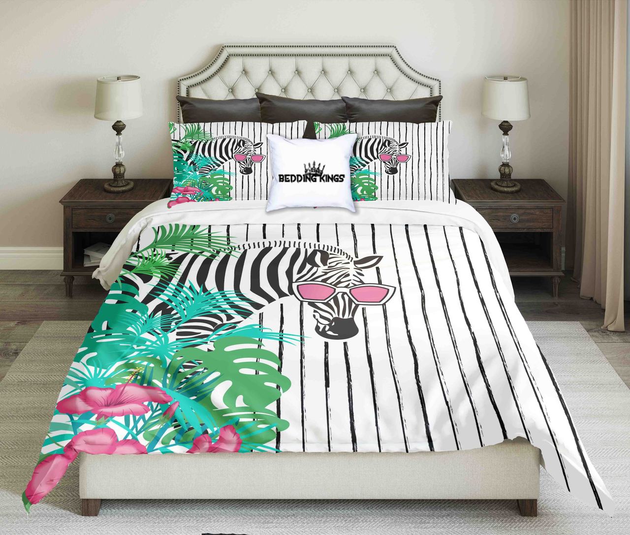 Zebra In Flowers Ontriped Background | kings3D Customized Duvet Cover Bedding Sets