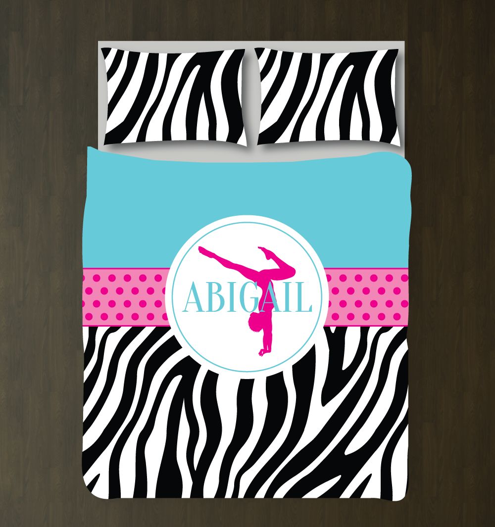Zebra Print Gymnastics Bedding Set Customized Duvet Cover| Black, White, Aqua and Hot Pink