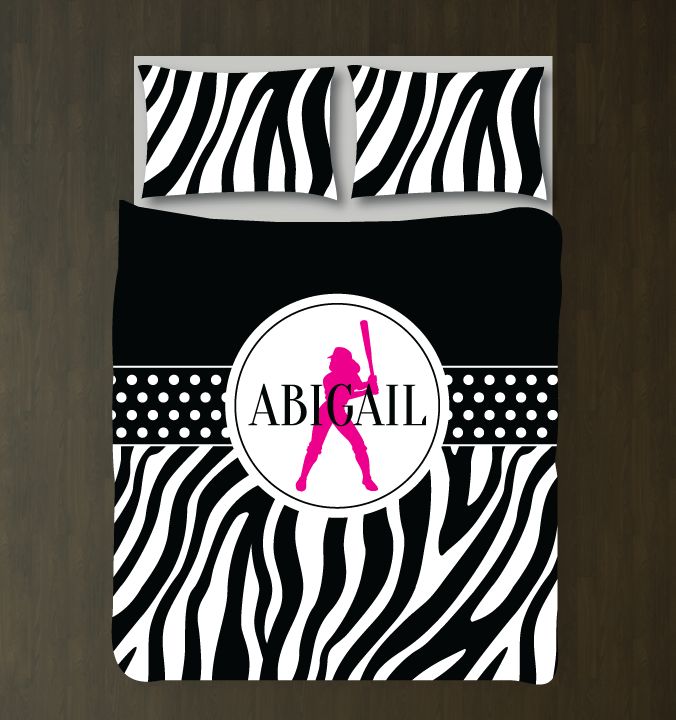 Zebra Print Softball Chevron and Dot Bedding Set Customized Duvet Cover| Hot Pink, Black and White