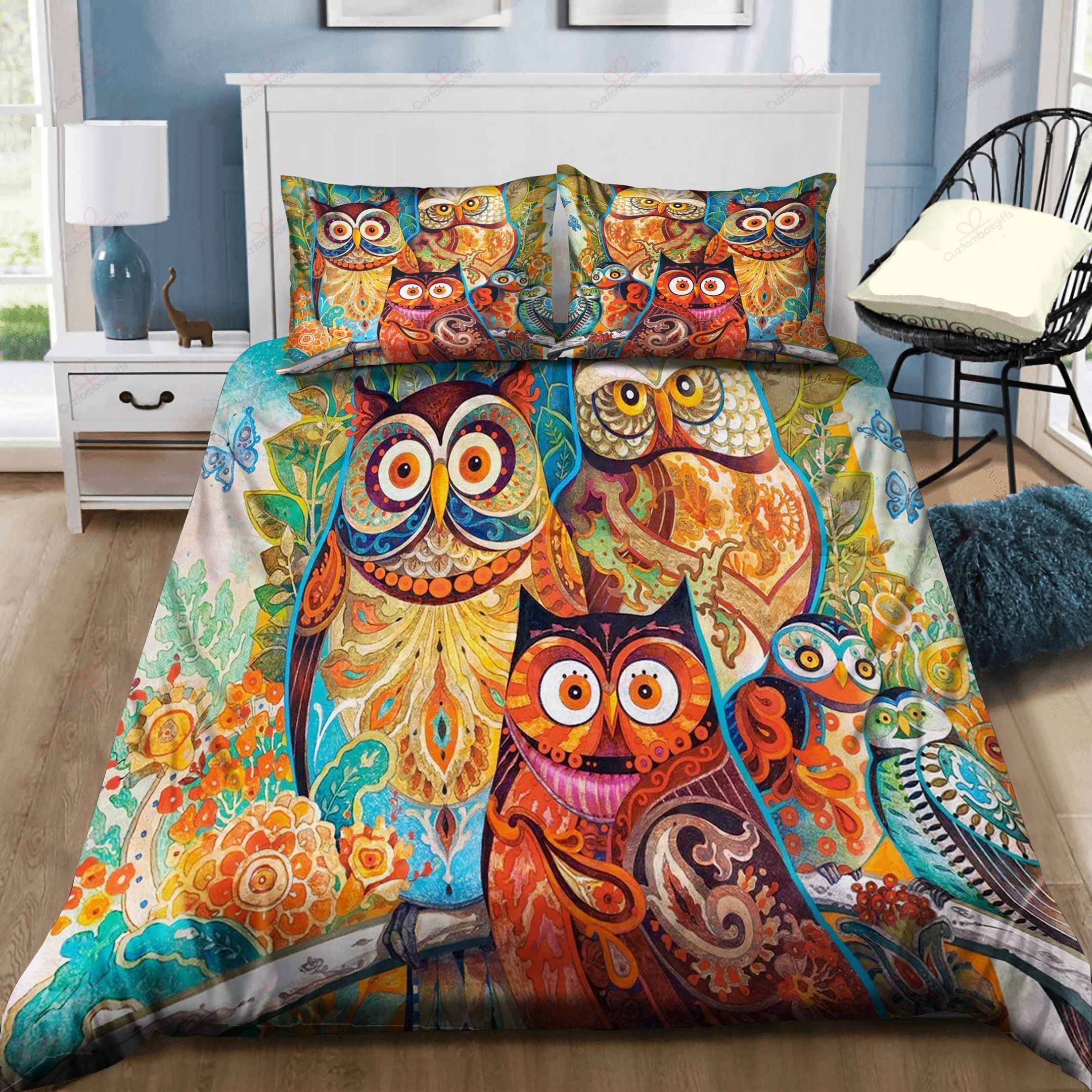 3 Colorful Owls In The Tree Bedding Set
