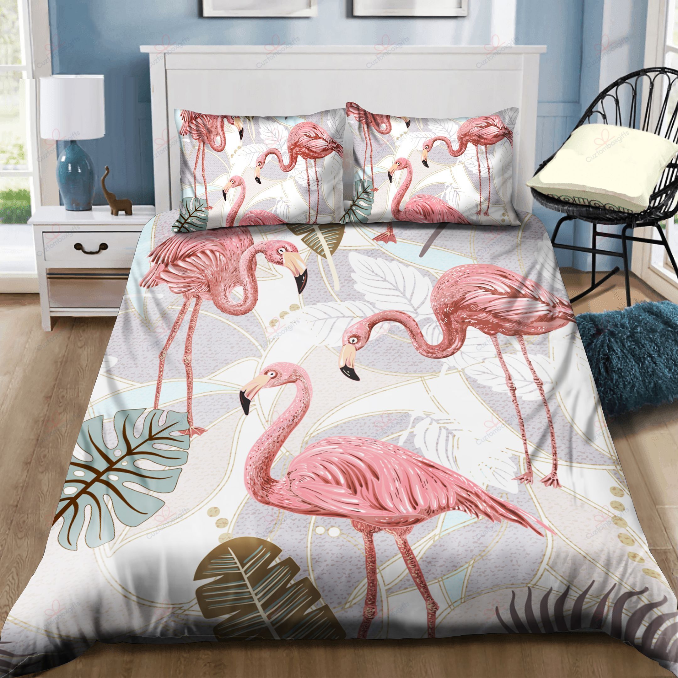 3 Flamingos With Tropical Floral Bedding Set
