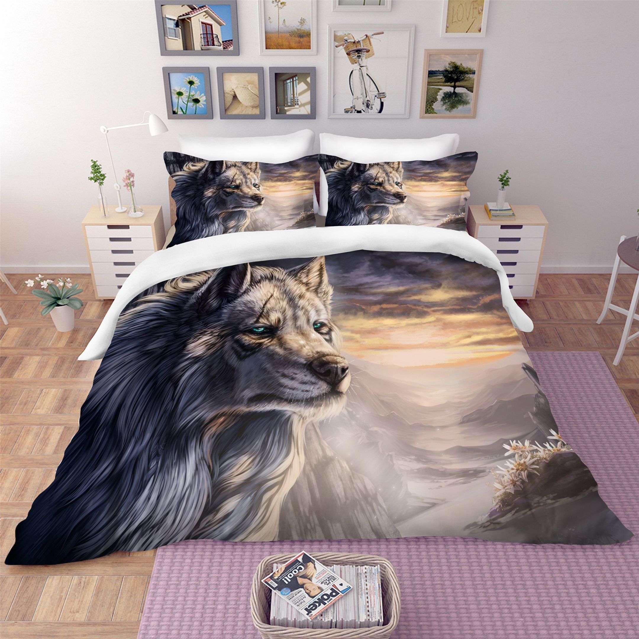 3d Abstract Wolf Orange Sky Bedding Set