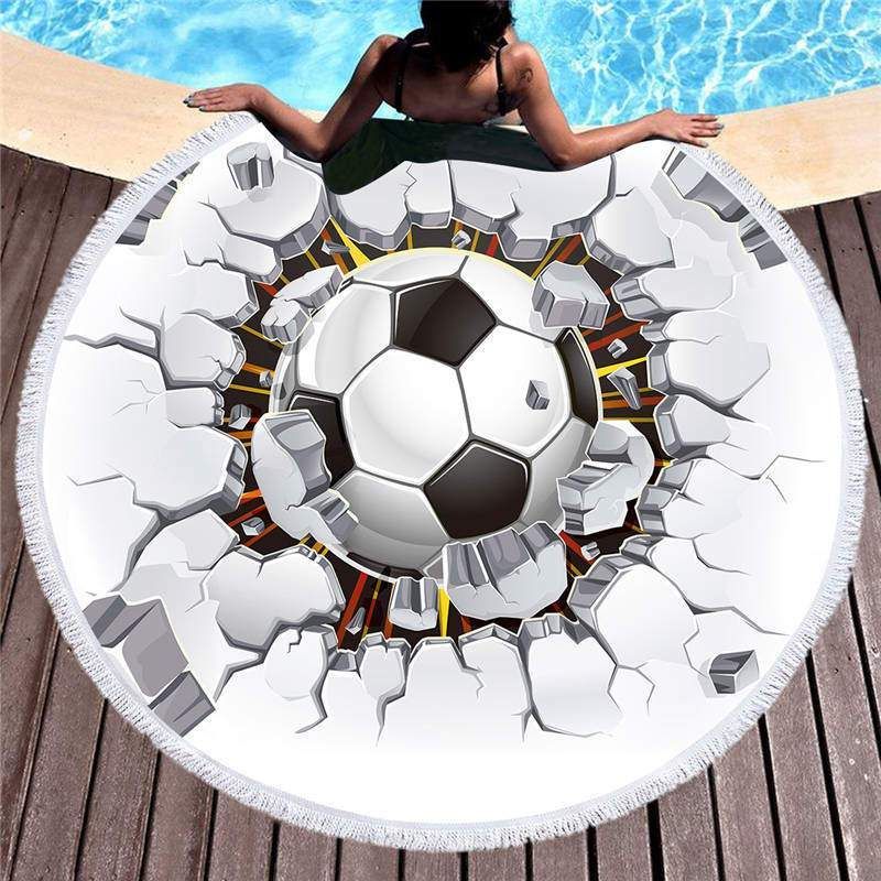 3d Art Football Through The Wall Round Beach Towel
