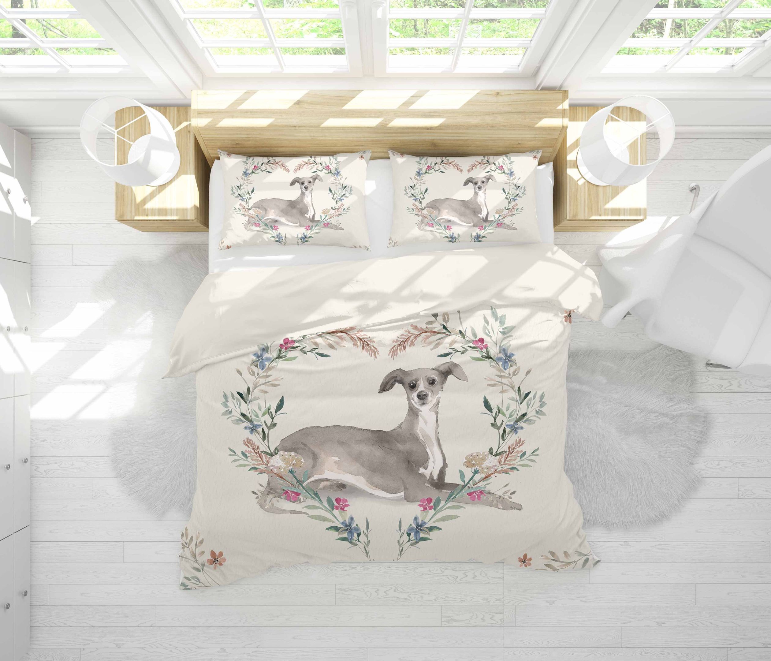 3d Beige Dog Floral Branch Bedding Set