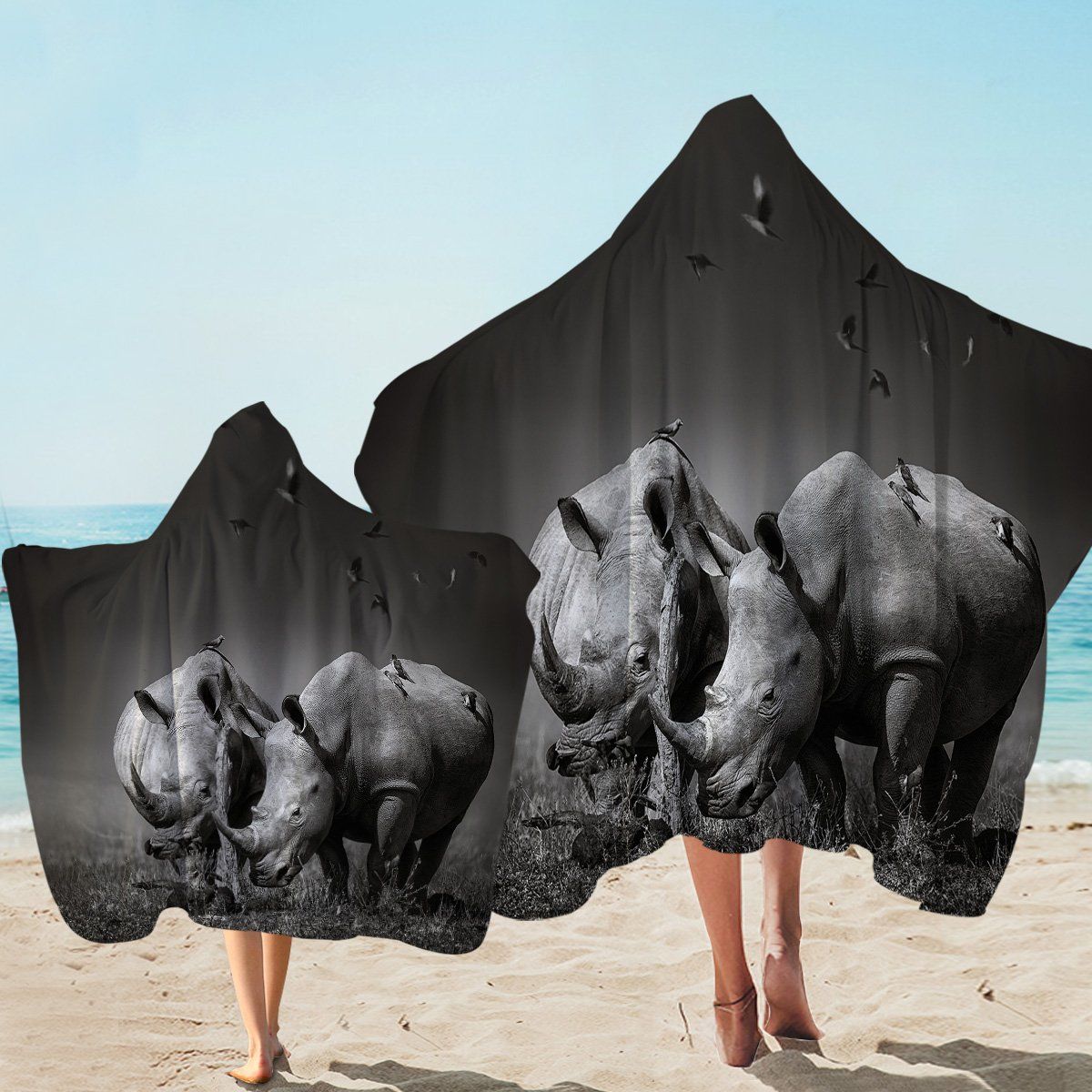 3d Black And White Rhinos Printed Hooded Towel