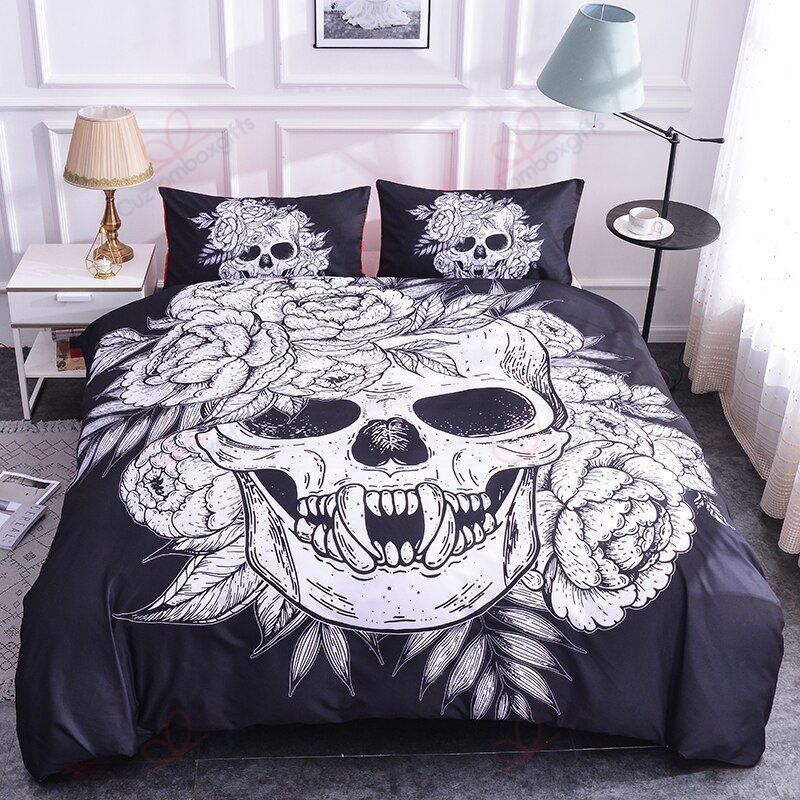 3d Black And White Skull Bedding Set