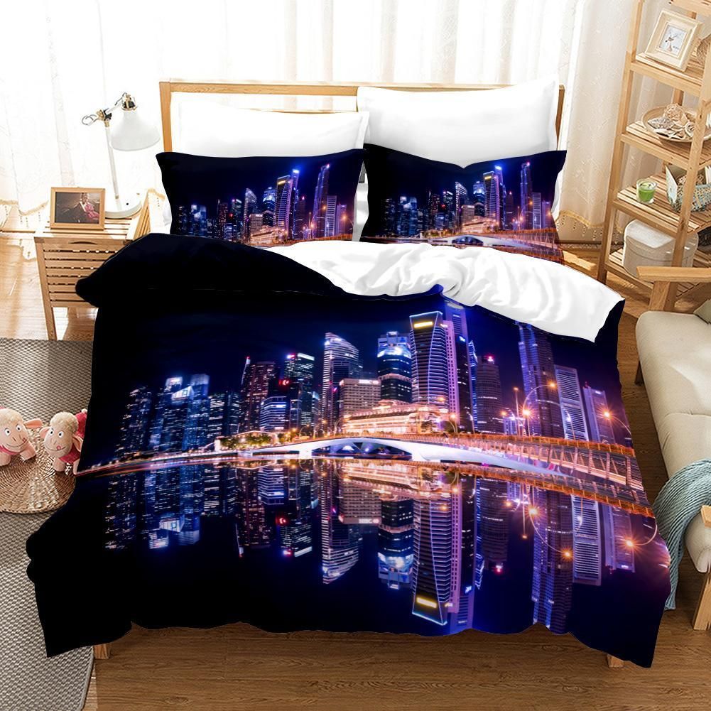 3d Black Blue Purple City Building Skyscraper Night Comfortable Bedding Set