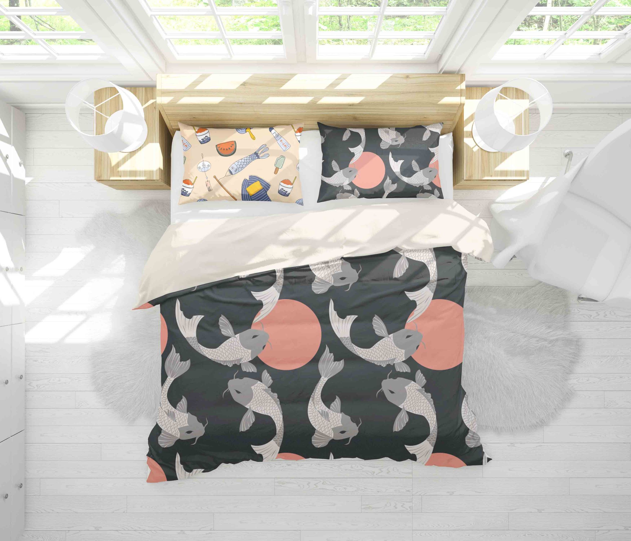 3d Black Carp Fish Circle Bedding Set