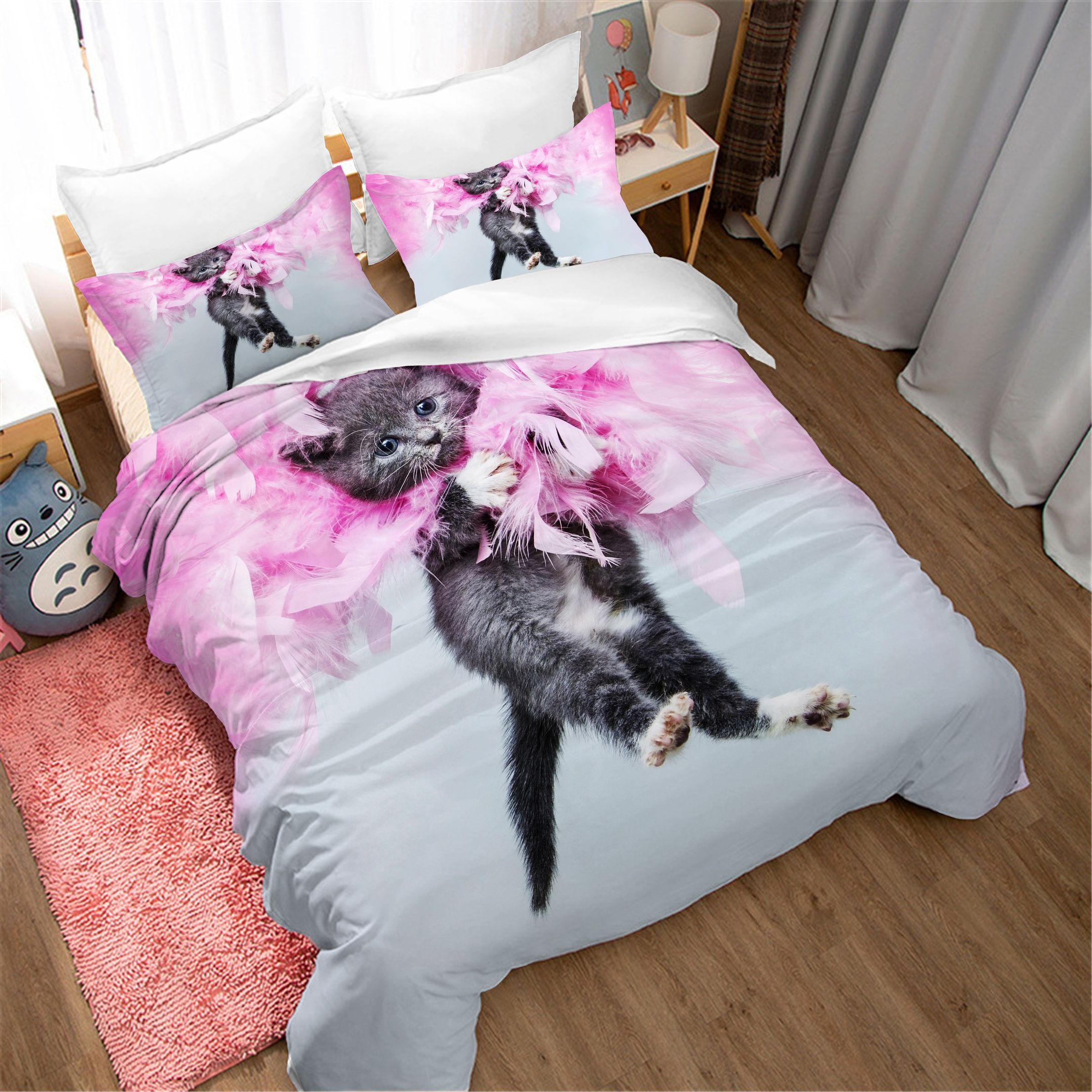 3d Black Cat Pink Floral Bedding Set