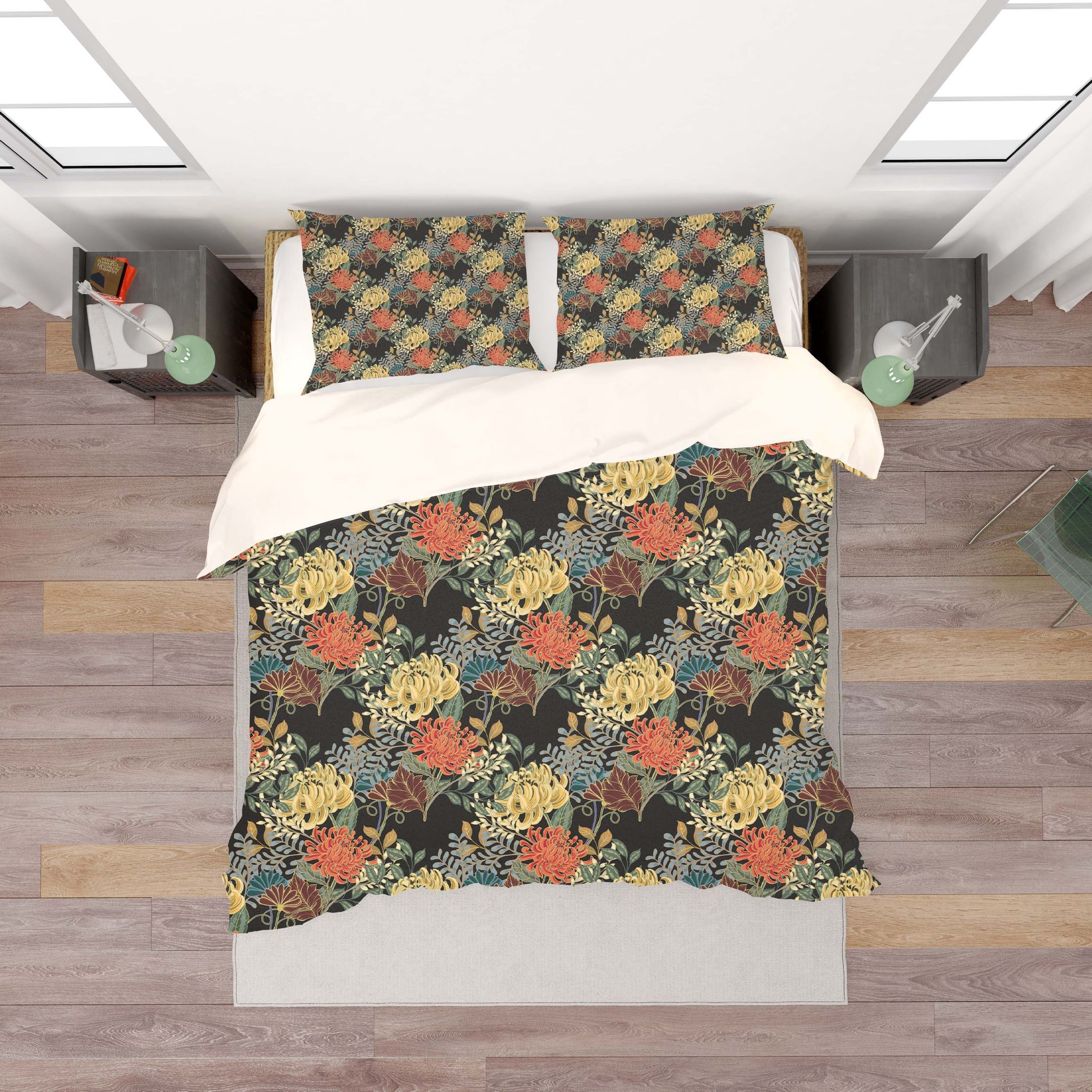 3d Black Chrysanthemum Floral Leaves Bedding Set