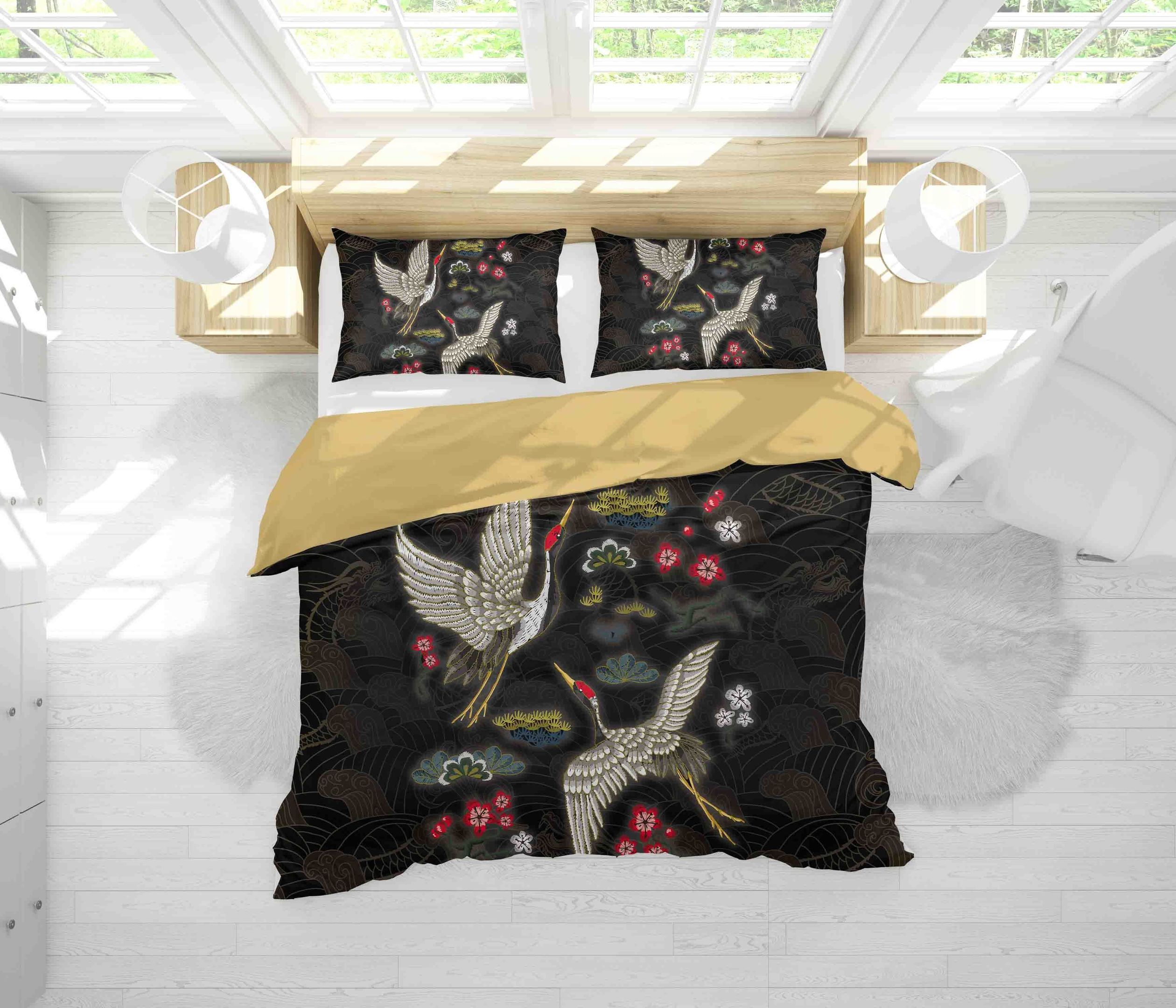 3d Black Crane Floral Bedding Set