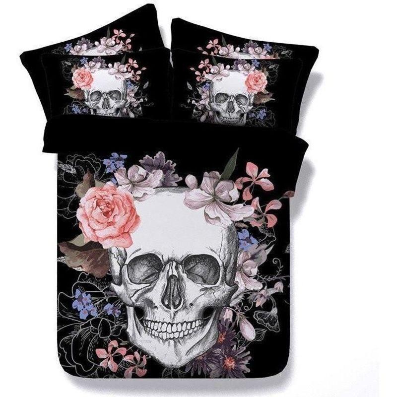 3D Black Floral Skull Printed Bedding Set
