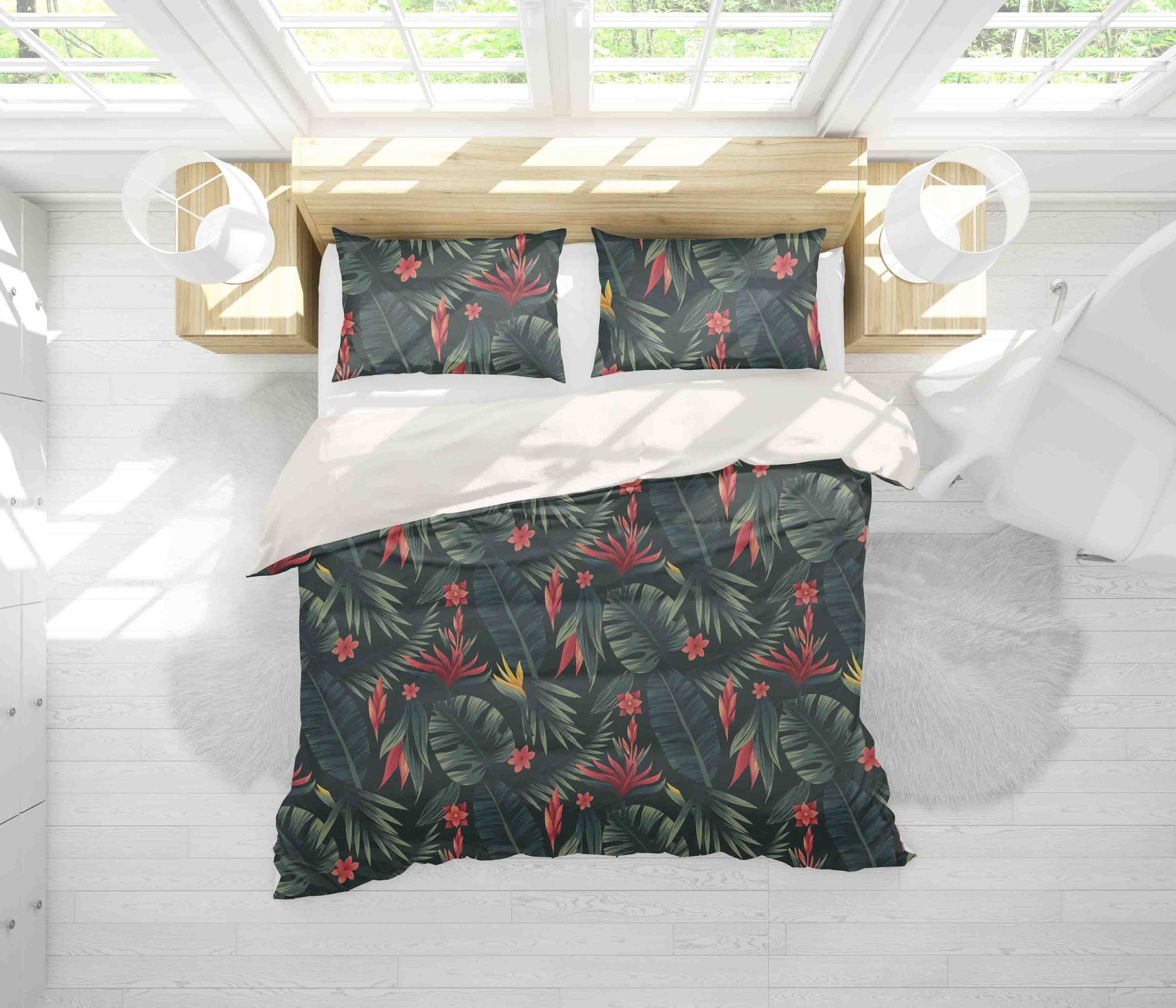 3d Black Flower Leaves Bedding Set