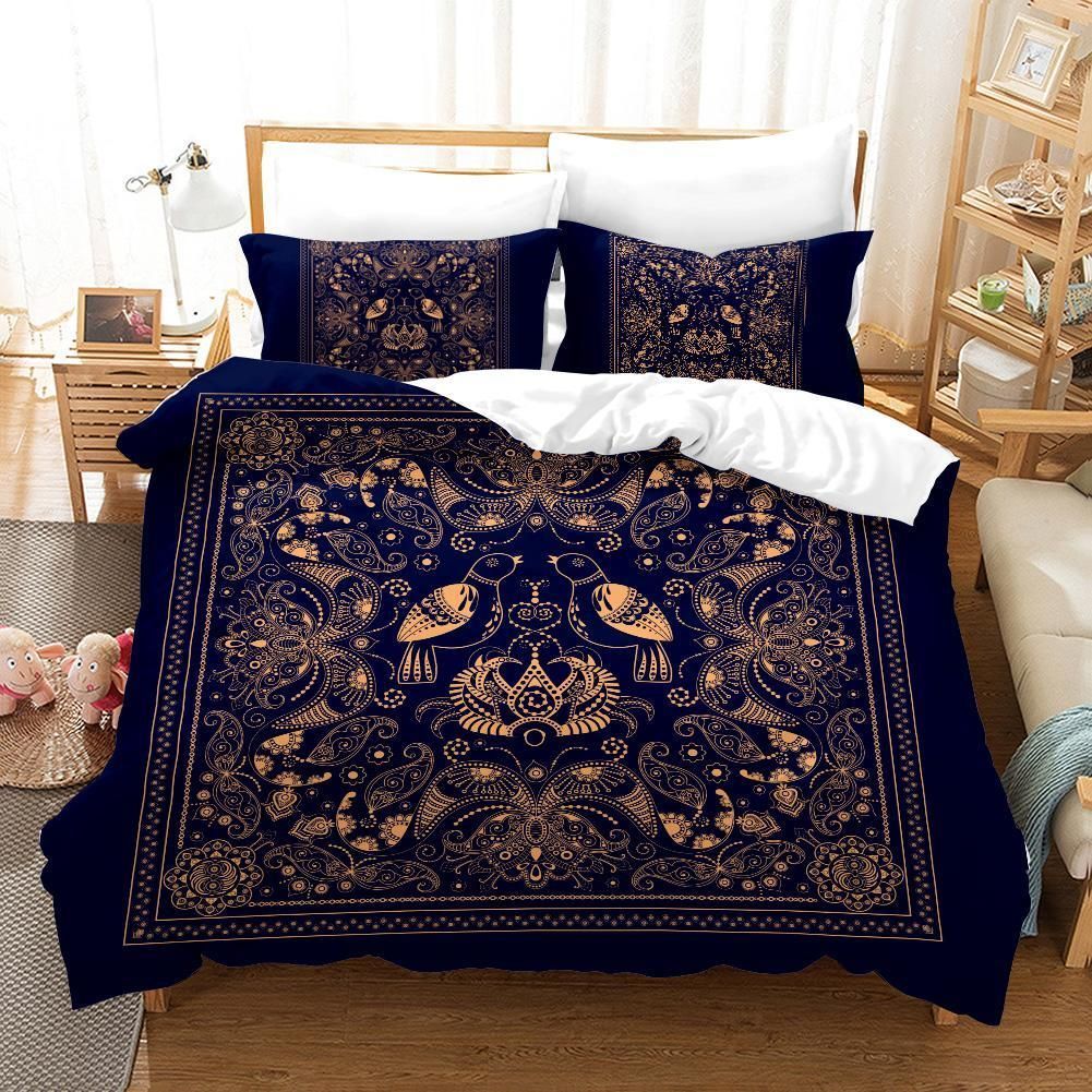 3d Black Golden Birds Floral Bedding Set