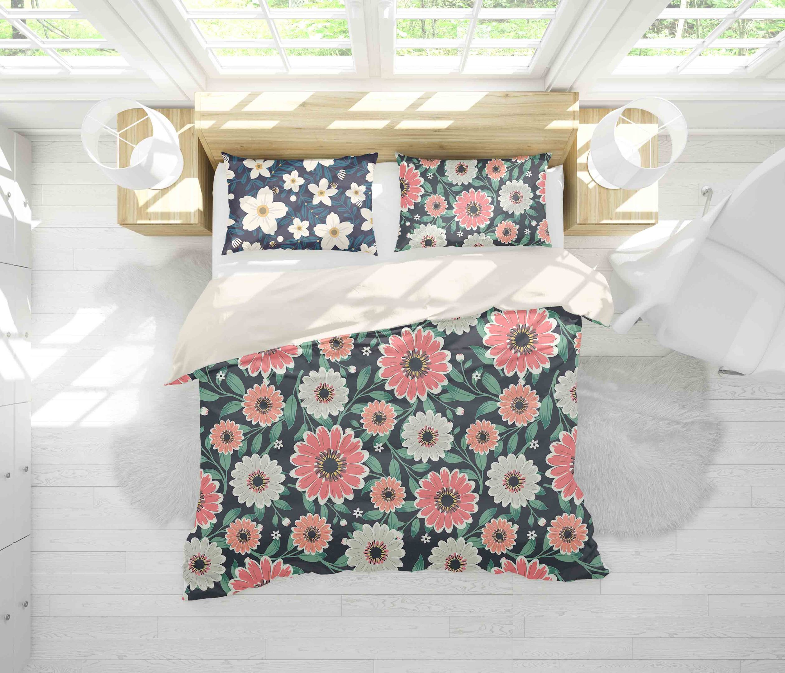 3d Black Green Red Floral Bedding Set