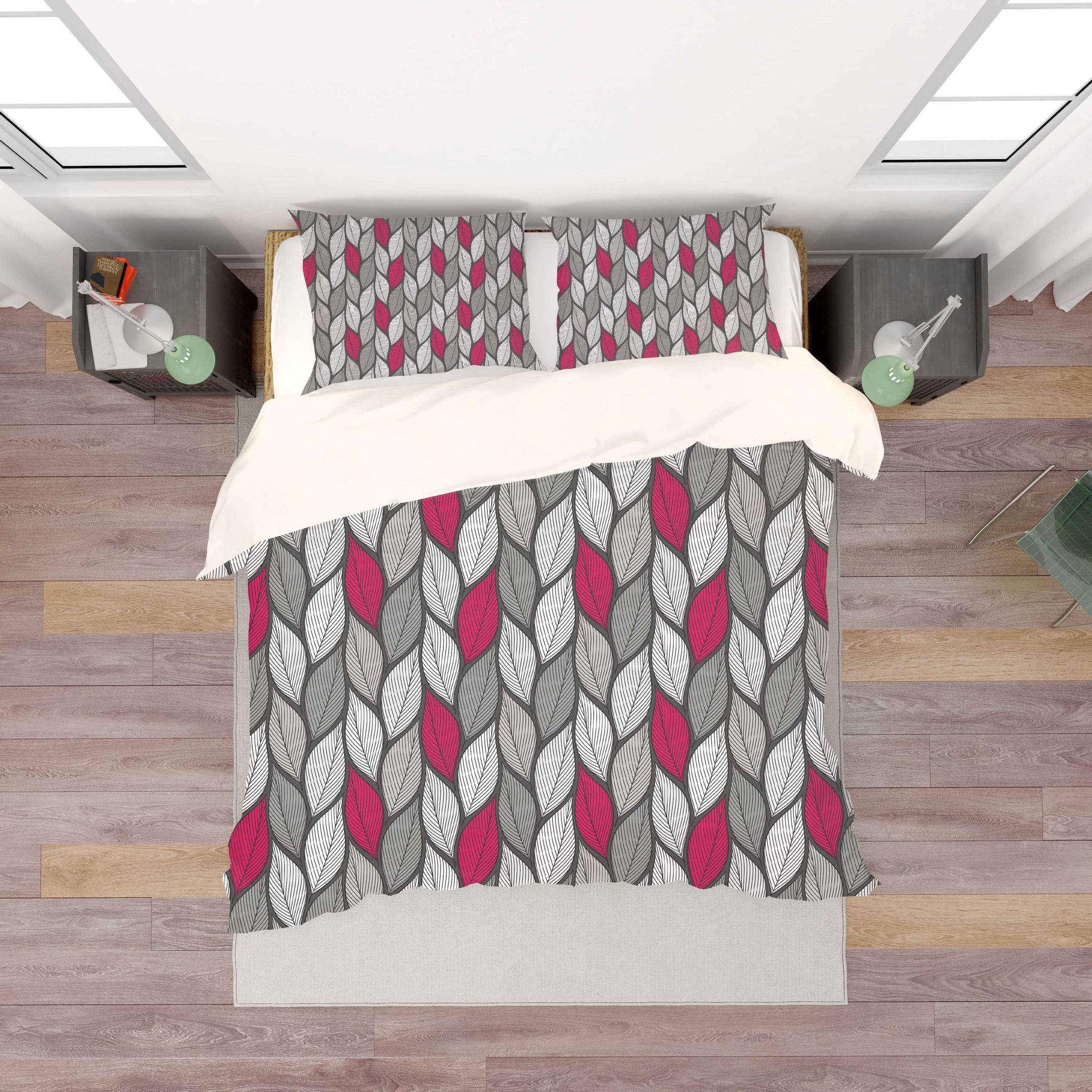 3d Black Grey Red Leaves Bedding Set