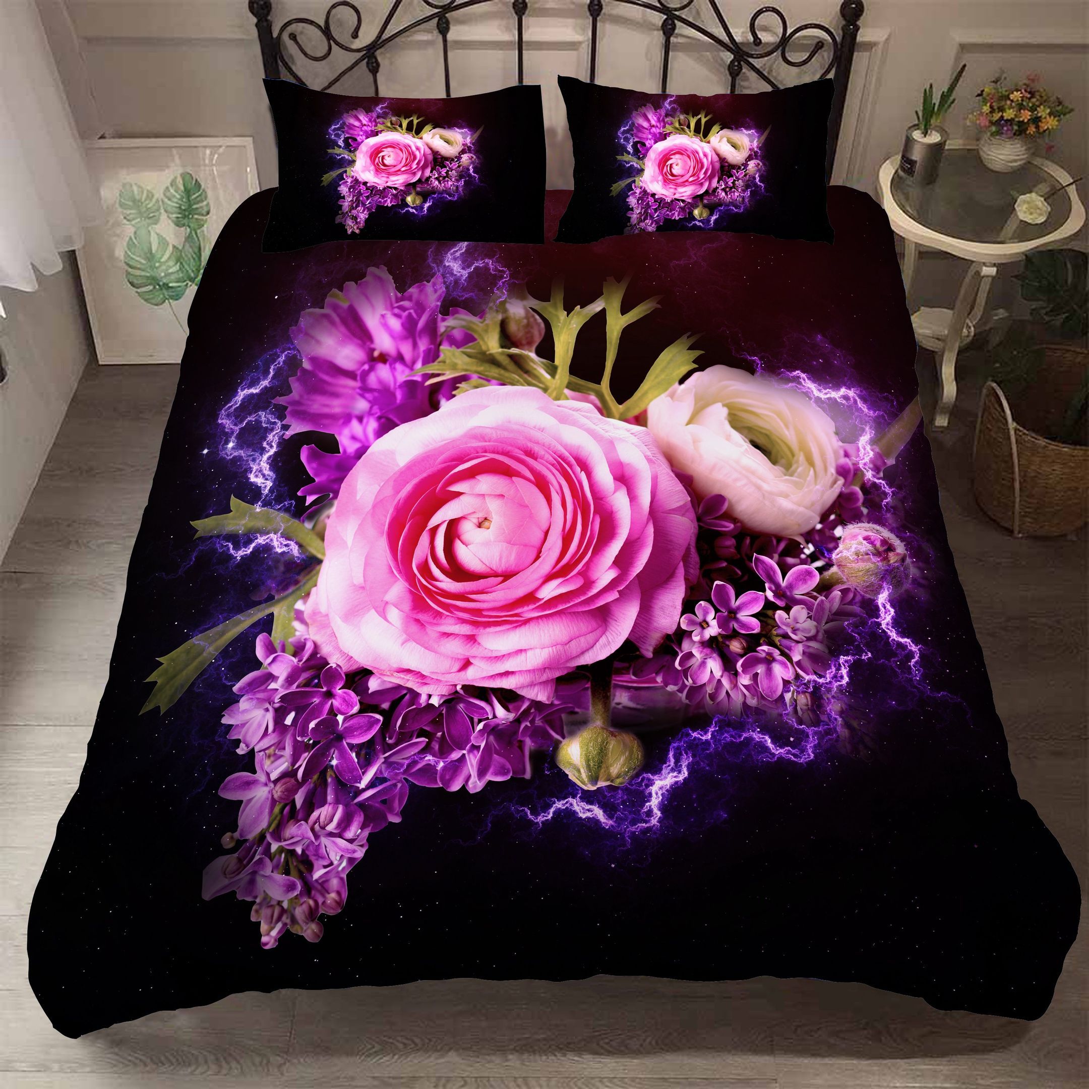 3d Black Pink Rose Flower Bedding Set