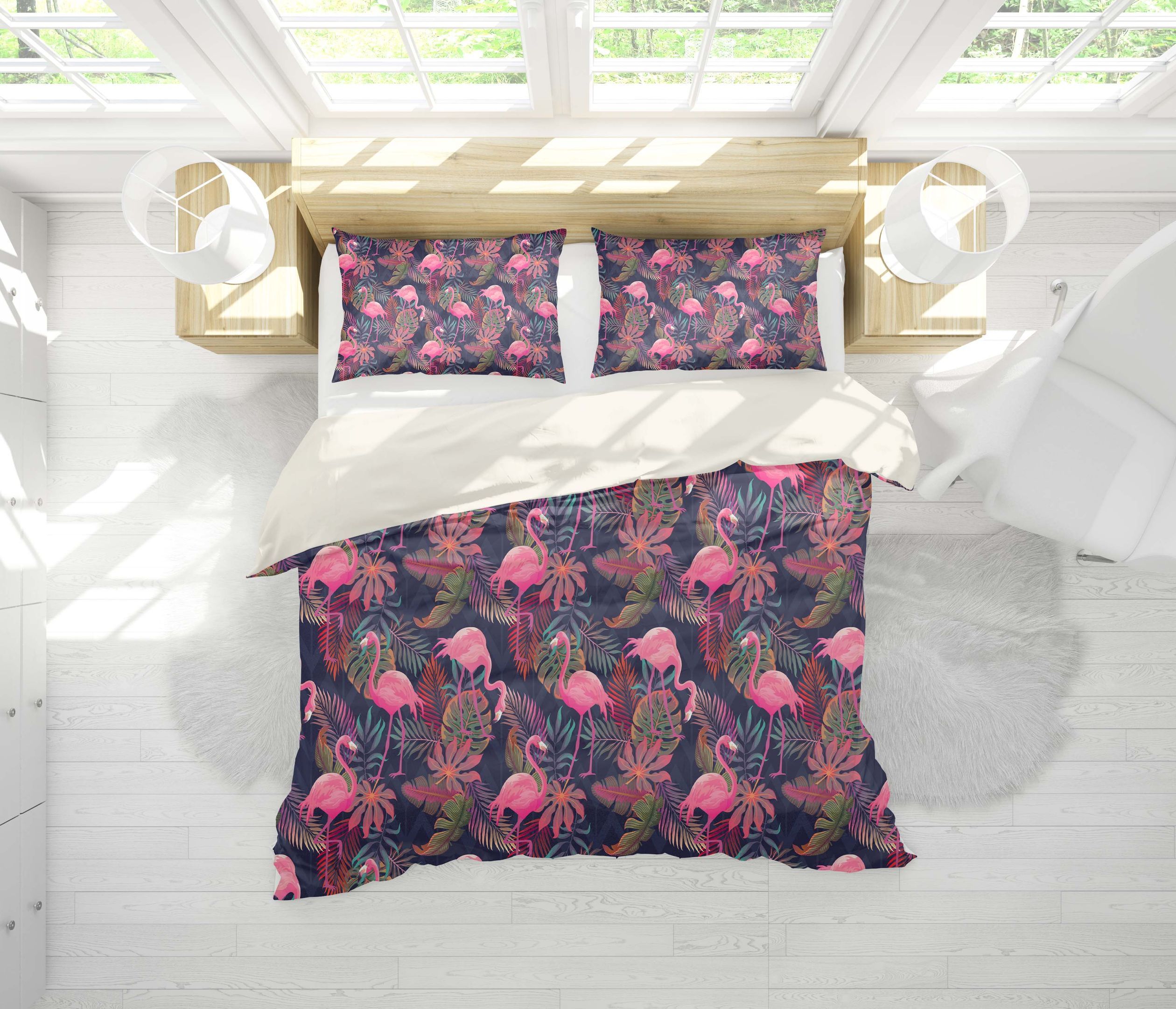 3d Black Red Flamingo Leaves Bedding Set