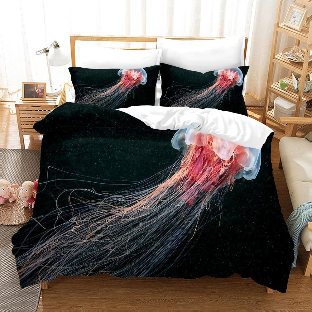 3d Black Red Jellyfish Bedding Set
