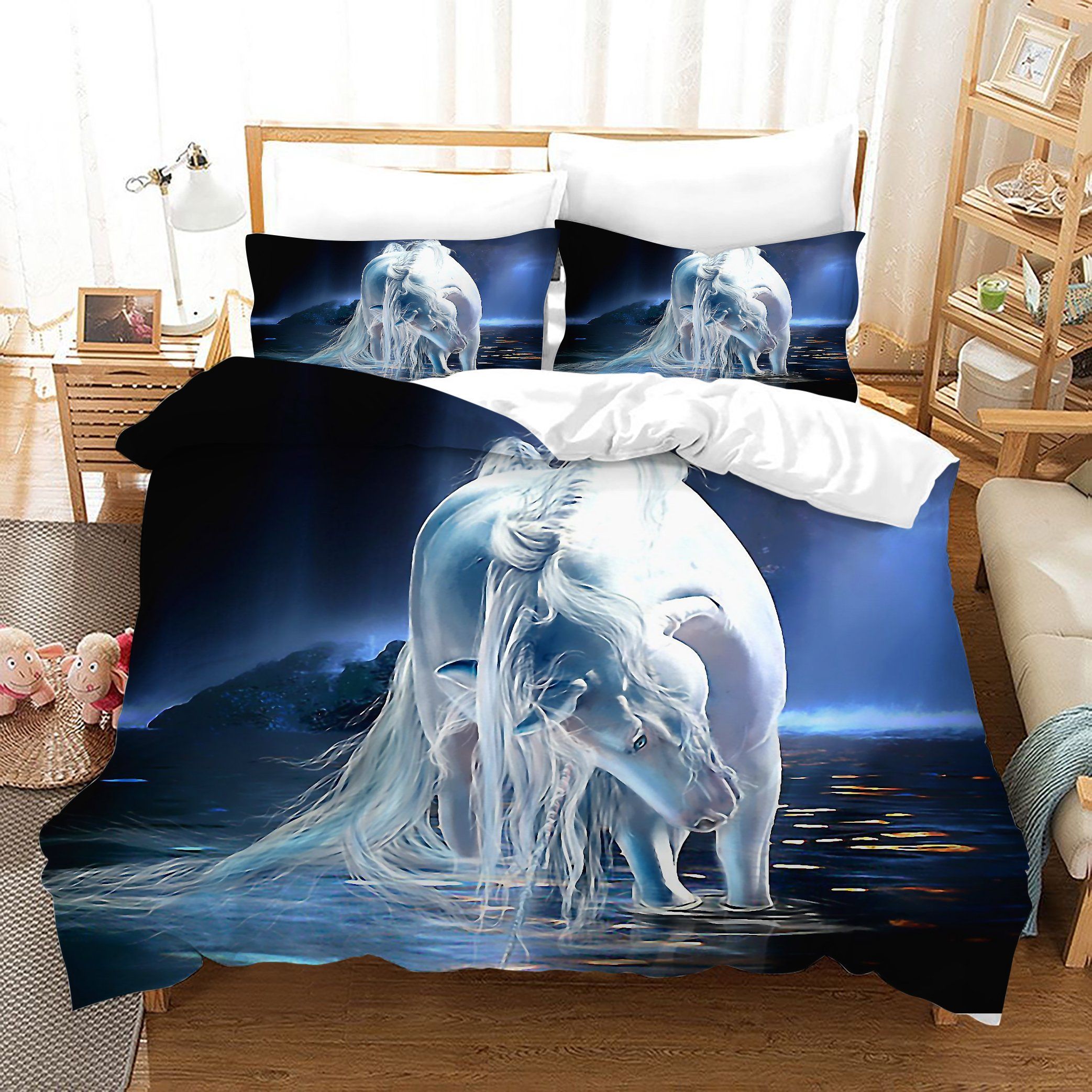 3d Black Sea White Unicorn Bedding Set