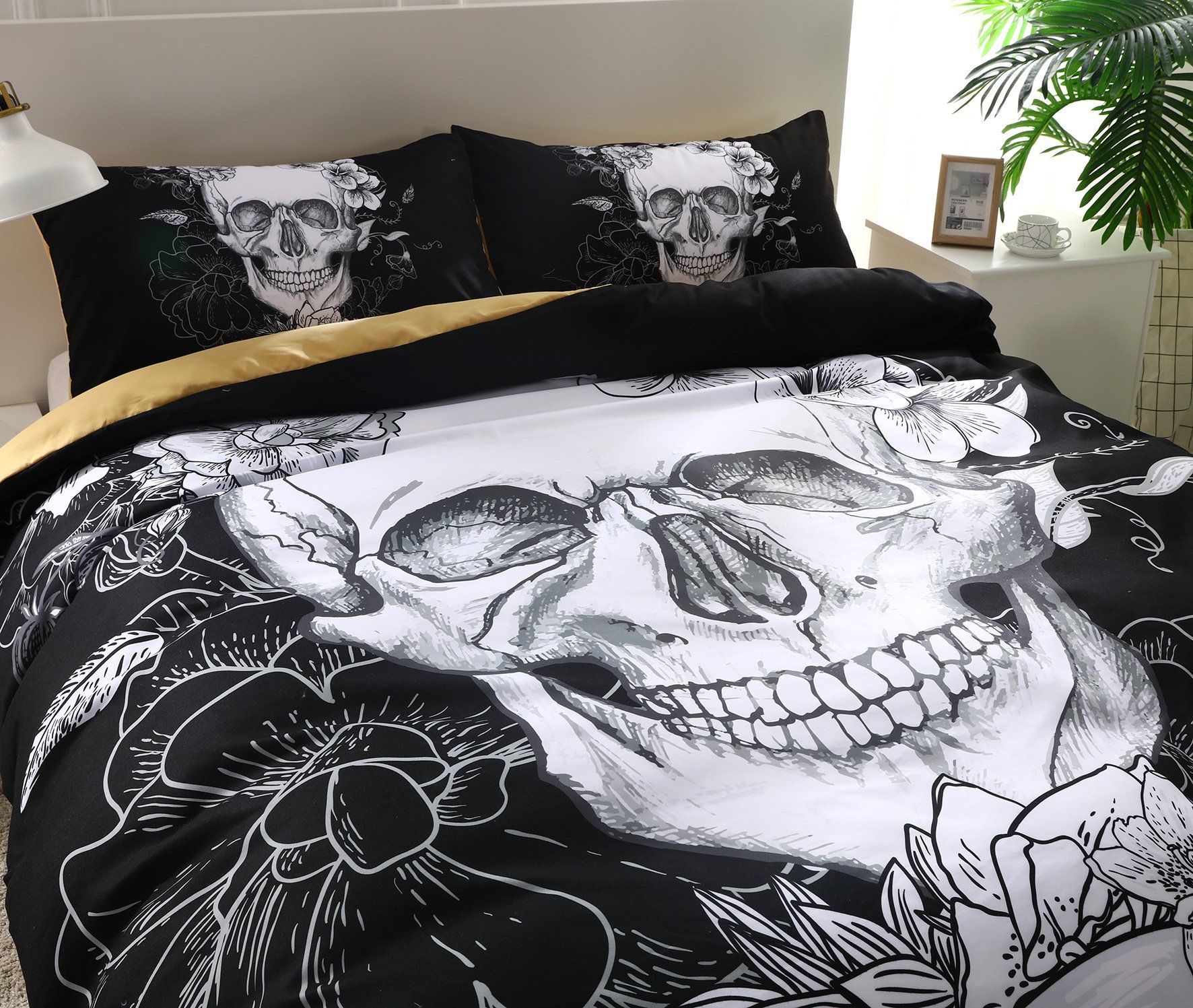 3d Black Skull Flower Bedding Set