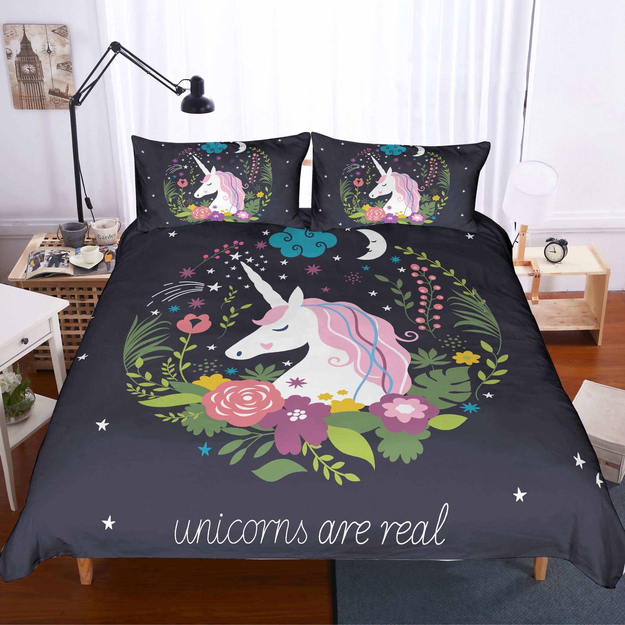 3d Black Unicorn Floral Unicorn Are Real Bedding Set