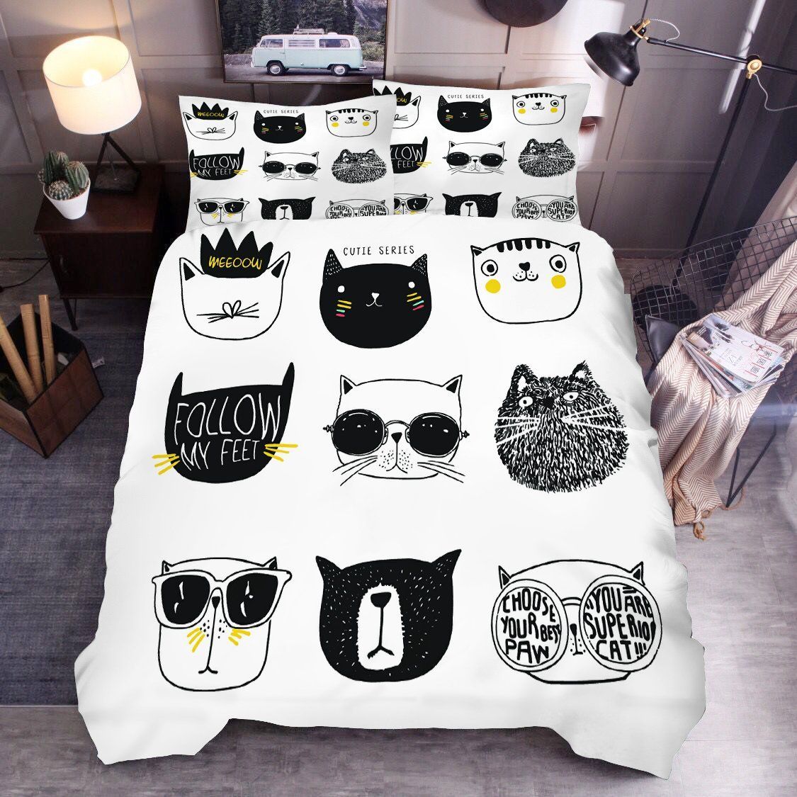 3d Black White Cartoon Cat Kitty Bedding Set
