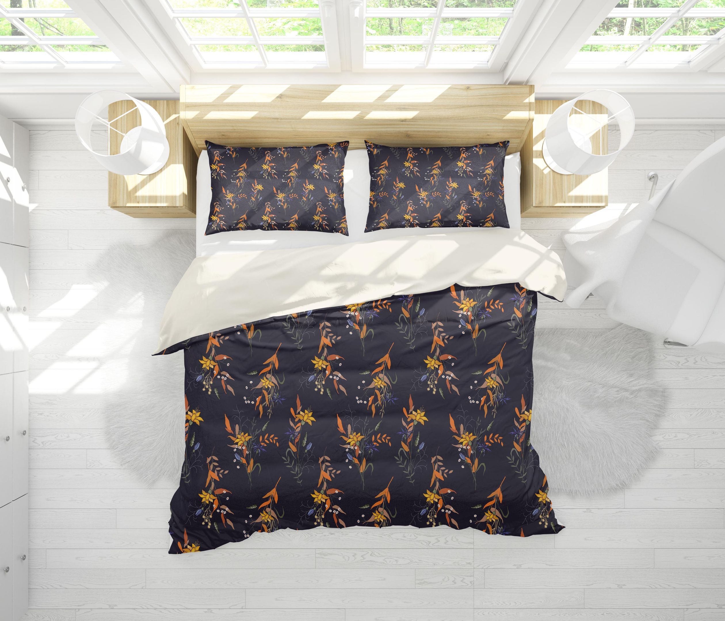 3d Black Yellow Floral Bedding Set