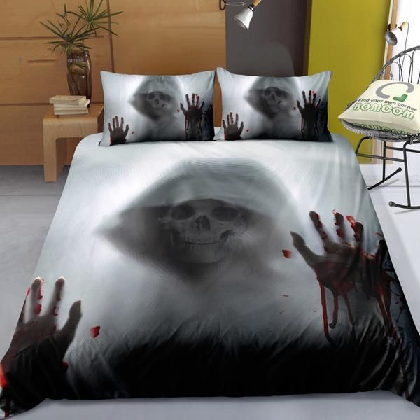 3D Bloody Hand Print Skull Bedding Set