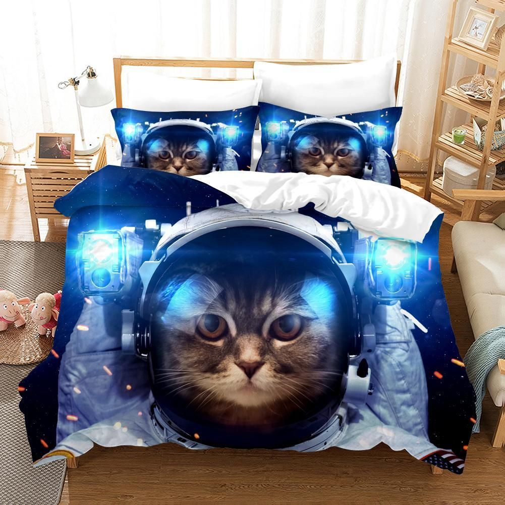 3d Blue Astronaut Cat Kitty Bedding Set