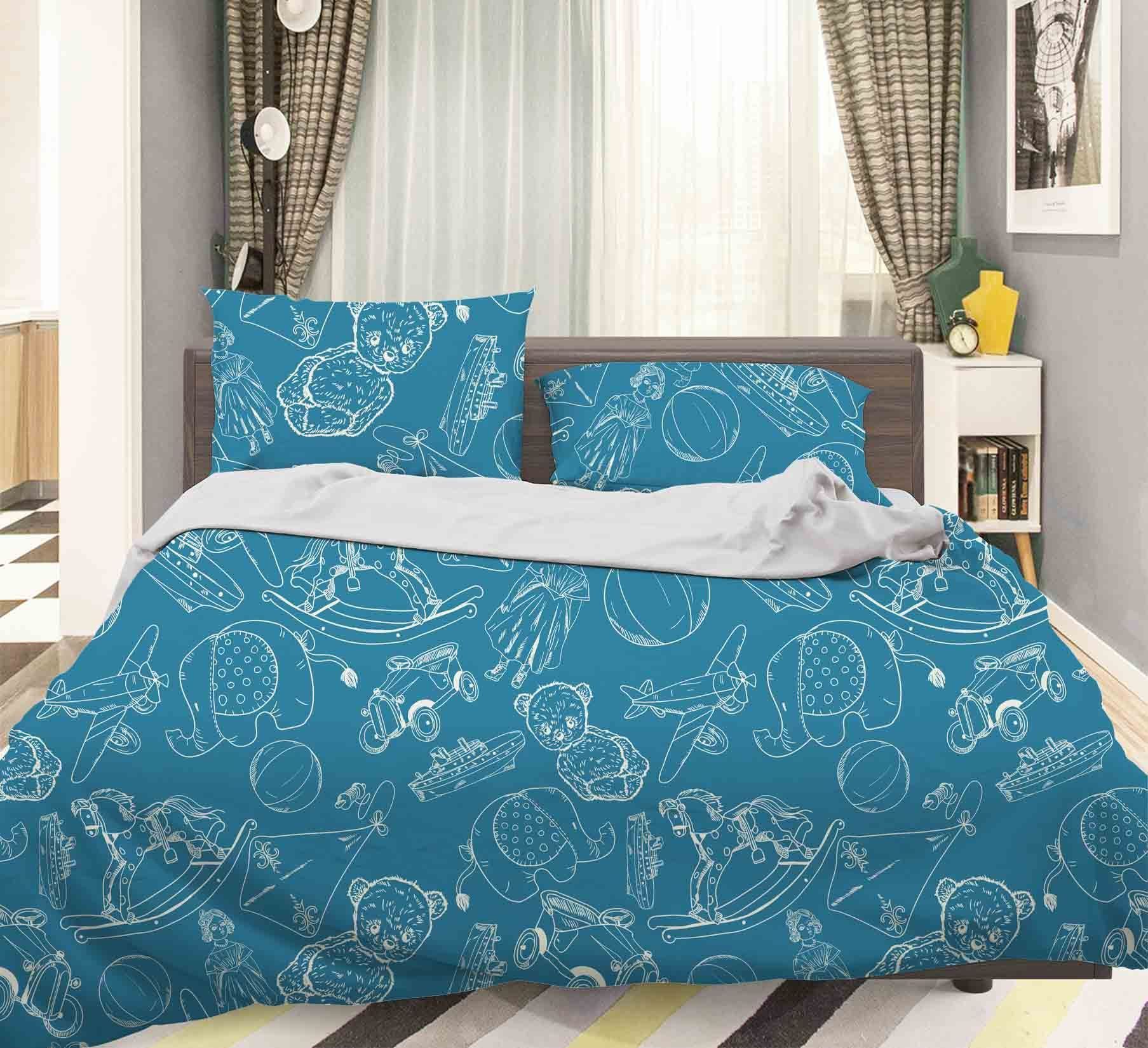 3d Blue Cartoon Bear Elephant Aircraft Trojan Bedding Set