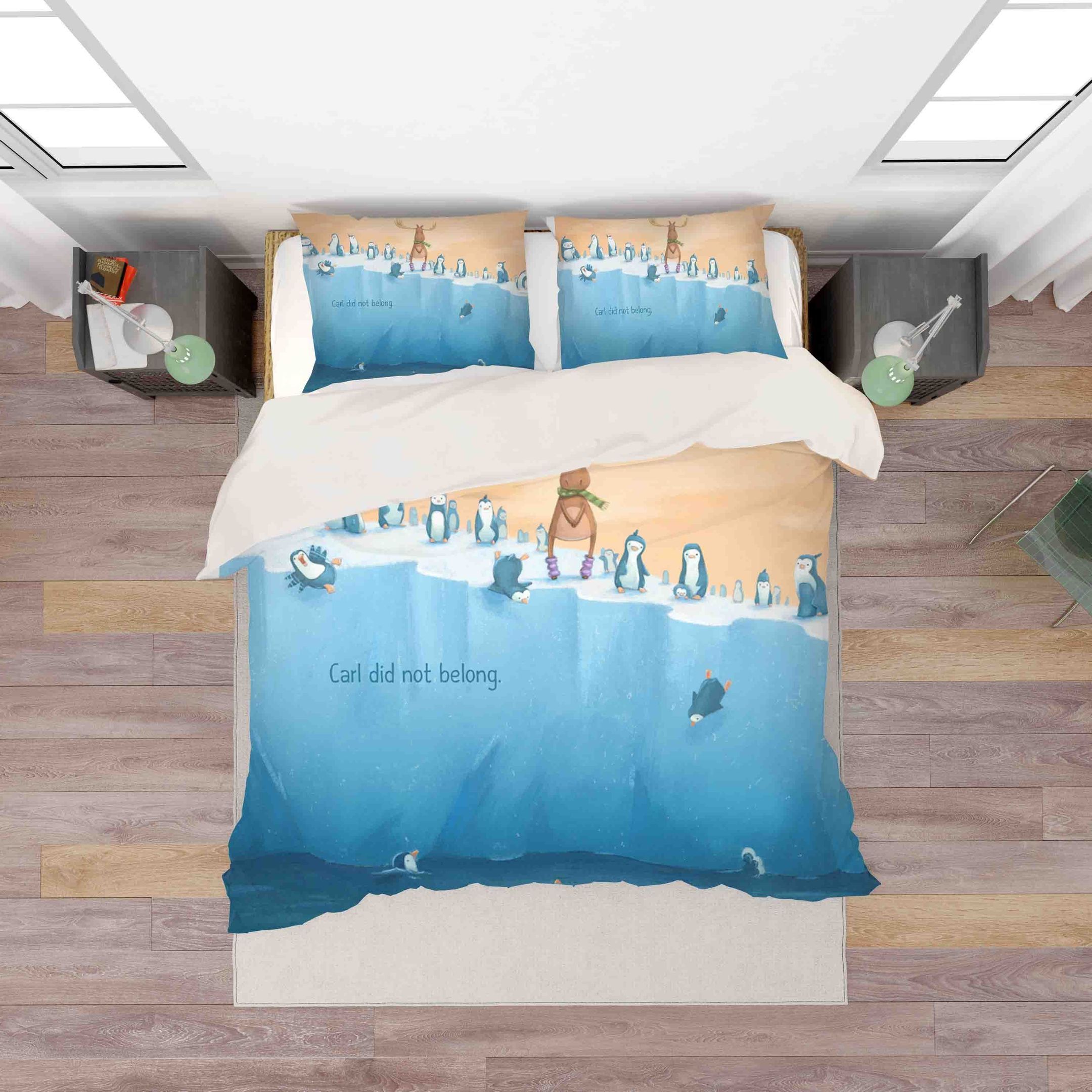 3d Blue Cartoon Penguin Elk Bedding Set