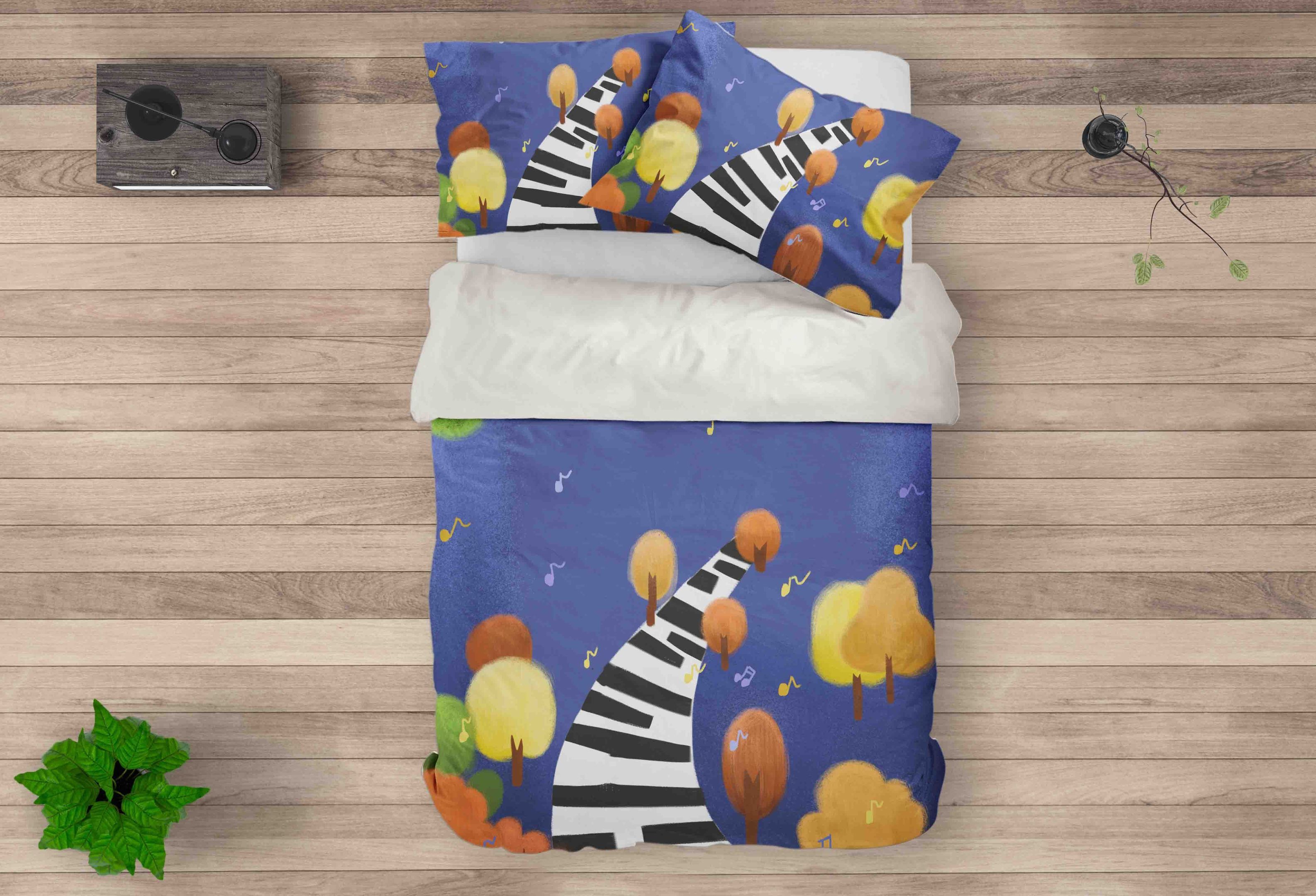 3d Blue Cartoon Piano Keyboard Trees Bedding Set
