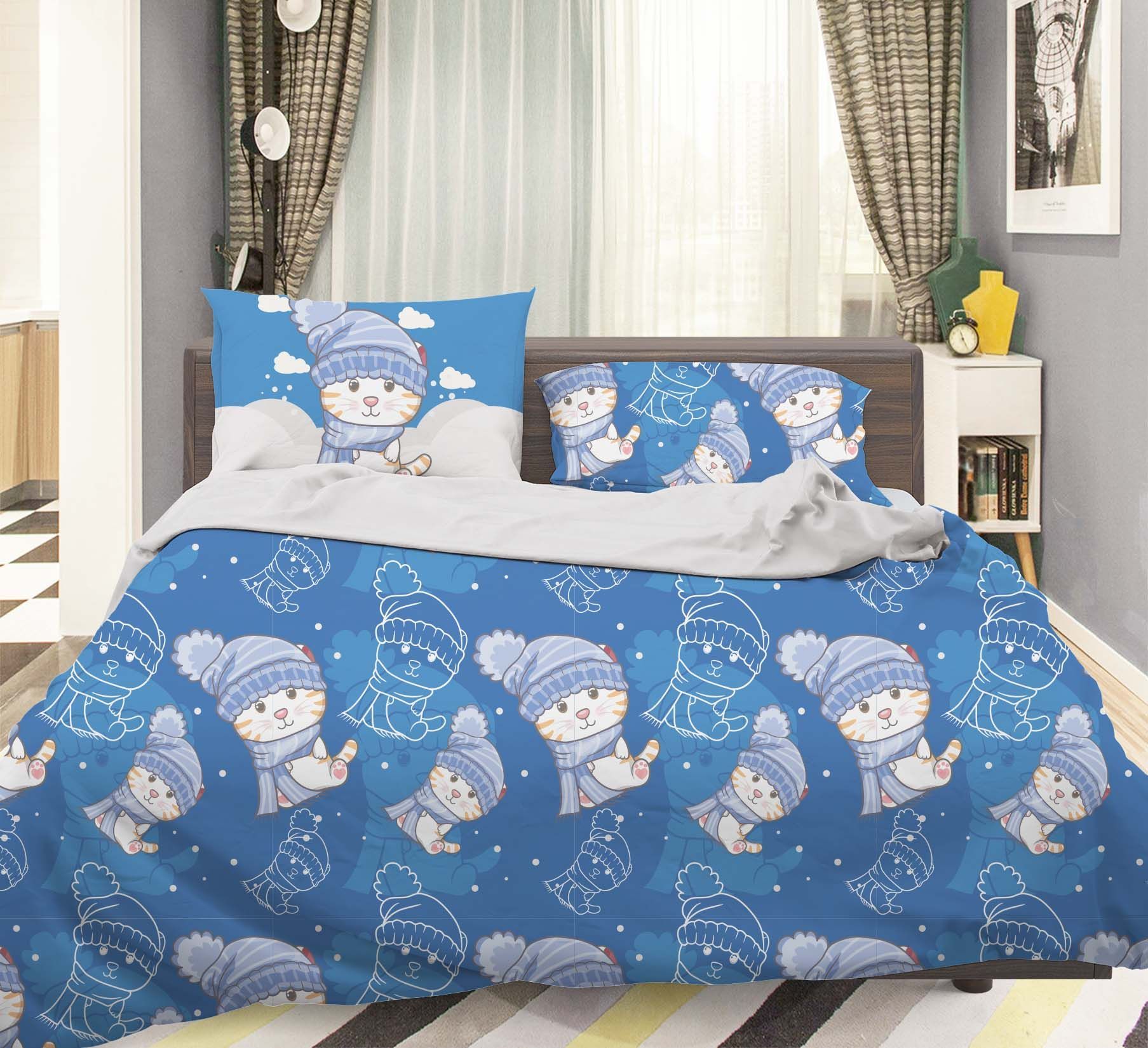 3d Blue Cat Kitty Winter Bedding Set